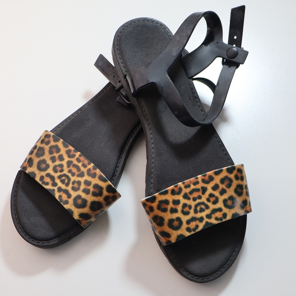 Xirella Shoes - Xirella Jelly Sandals Womens 9 Leopard Print Black Ankle Strap Flat Shoes
